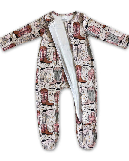 Boots print baby western footed zip coverall