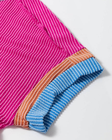 Textured Contrast Trim Round Neck T Shirt