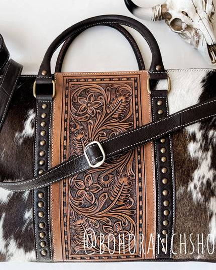 Hand Tooled Leather Cowhide Western Purse Tote Work Bag