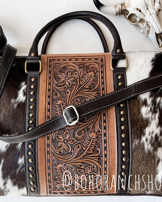 Hand Tooled Leather Cowhide Western Purse Tote Work Bag