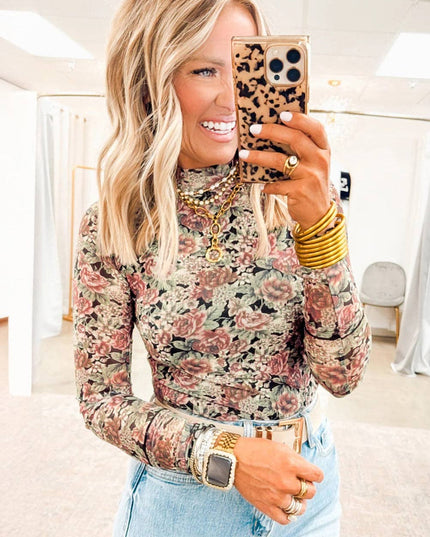 Black Retro Floral Print Mock Neck Mesh Long Sleeve Top