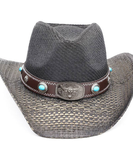 Western Long Horn Concho Strap Straw Cowboy Hat