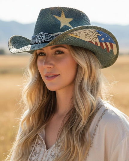USA Letters American Flag Design Distressed Cowboy Hat