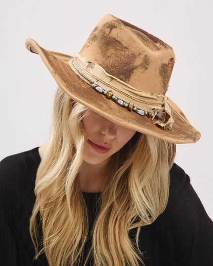 Distressed Fabric Band Feather Cowgirl Fedora Hat