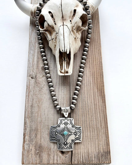 Western Style Navajo Pearl Turquoise Cross Pendant Necklace