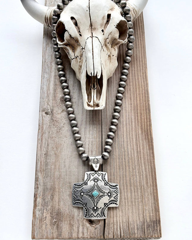 Western Style Navajo Pearl Turquoise Cross Pendant Necklace