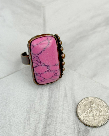 RZ231205-76                     Copper metal with blue turquoise rectangle stone adjustable Ring