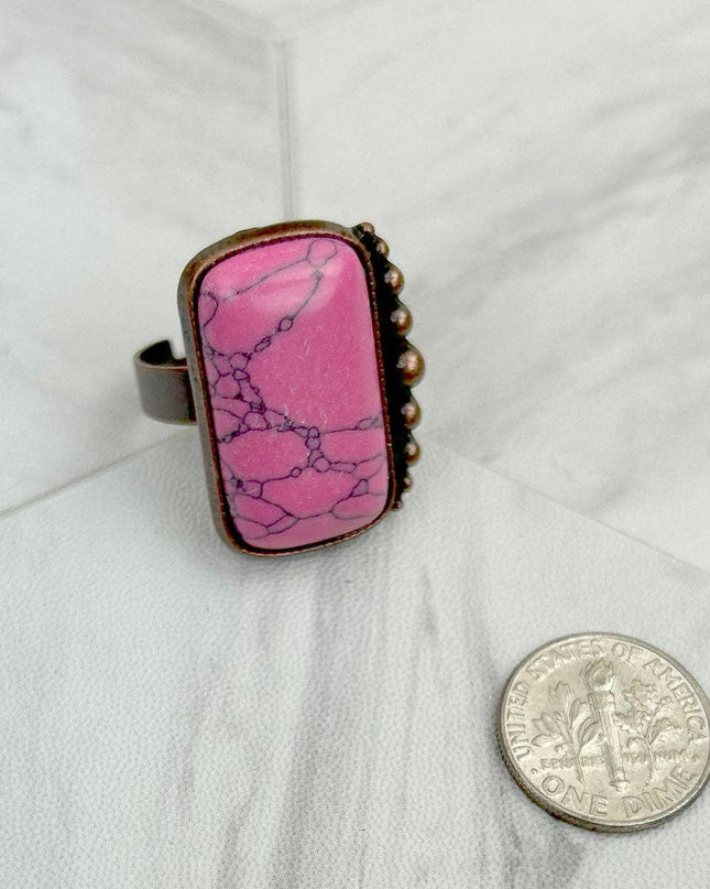 RZ231205-76                     Copper metal with blue turquoise rectangle stone adjustable Ring