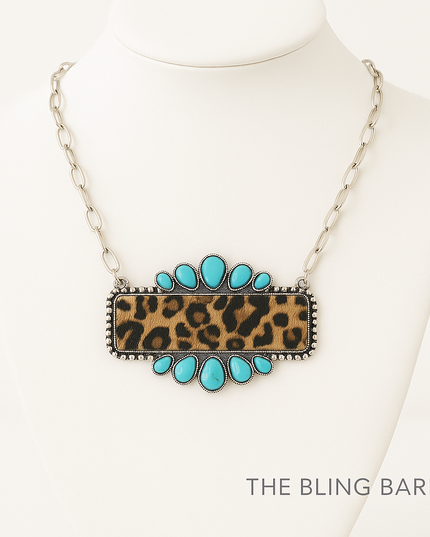 Sunset Standoff Necklace – Turquoise & Leopard Western Statement Piece