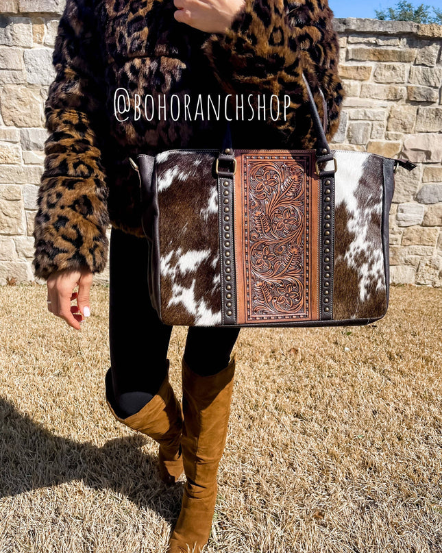 Hand Tooled Leather Cowhide Western Purse Tote Work Bag