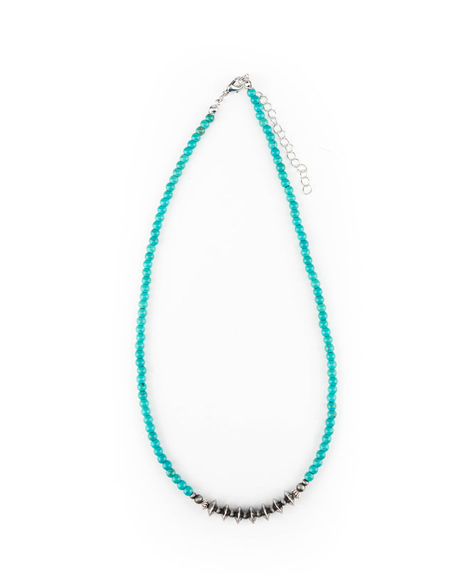 16" Dainty Green Turquoise Beaded Necklace with Silver Disc