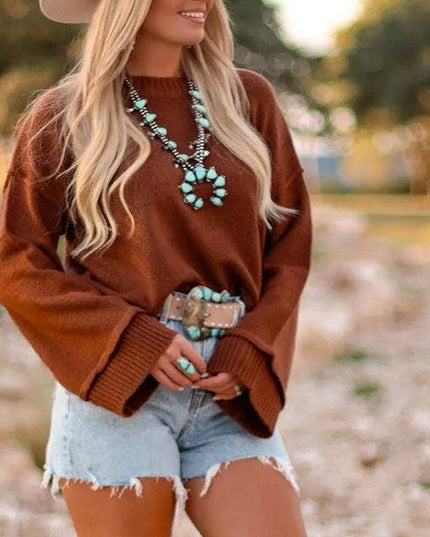 Crewneck Bell Sleeve Knit Sweater with Relaxed Fit