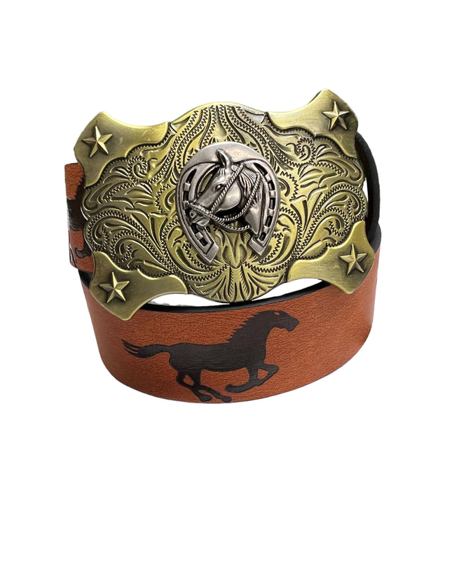 HORSESHOE ON GOLD BUCKLE & HORSE PRINT. BLT-10323