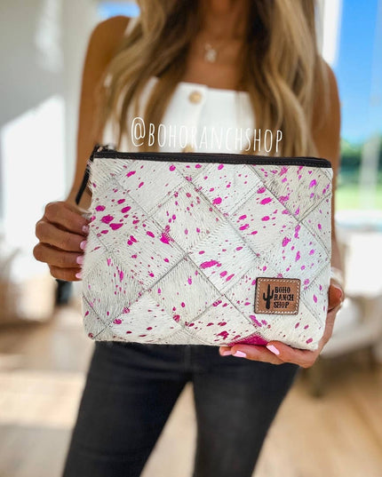 Checkered Western Cowhide Makeup Bag Travel