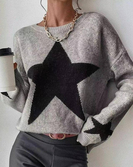 Round Neck Sweater With Five-Pointed Star Print