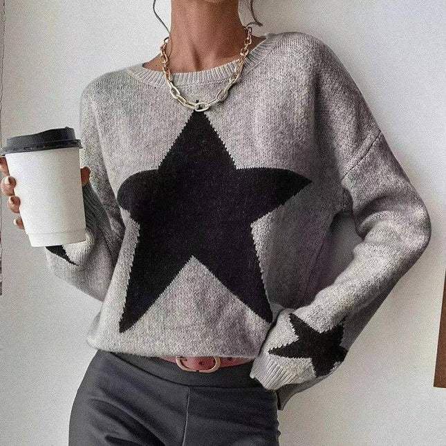 Round Neck Sweater With Five-Pointed Star Print