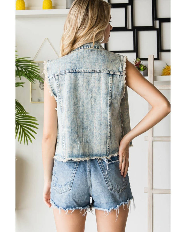 Rhinestone Color Denim Vest