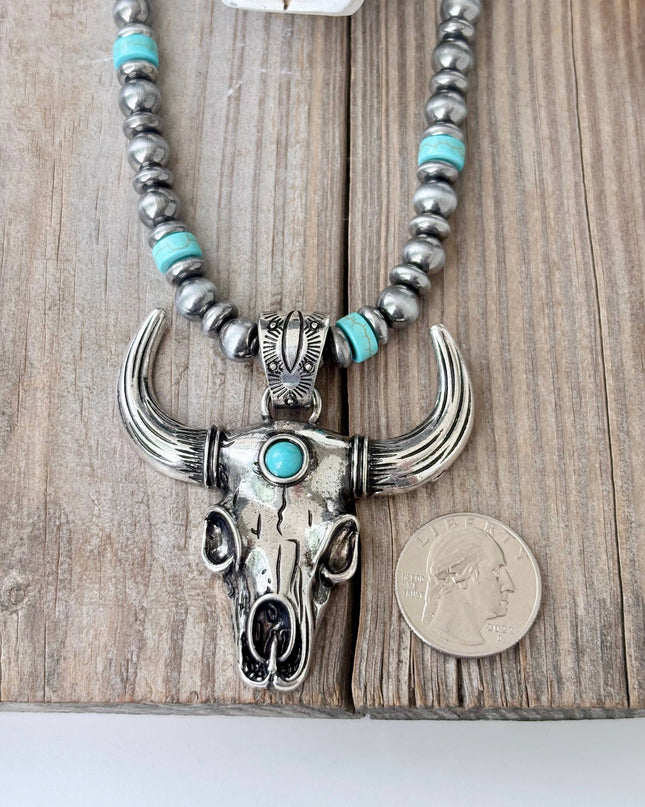 Western Style Navajo Pearl Bead Steer Head Pendant Necklace