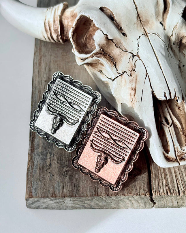 Western Style Steerhead Stitch Rectangular Pendant Cuff Ring