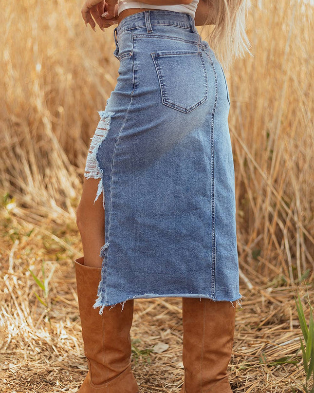 LALALOO Denim Distressed Midi Skirt