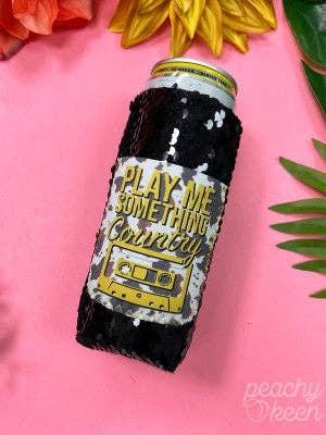 Play Me Something Country black sequin slim can cooler