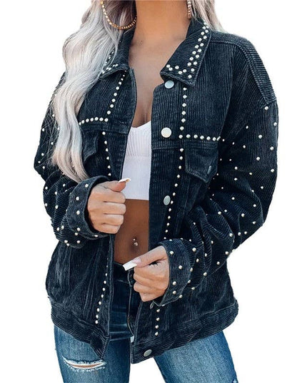 Stylish Corduroy Short Jacket With Rivets For Casual Wear