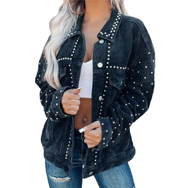 Stylish Corduroy Short Jacket With Rivets For Casual Wear