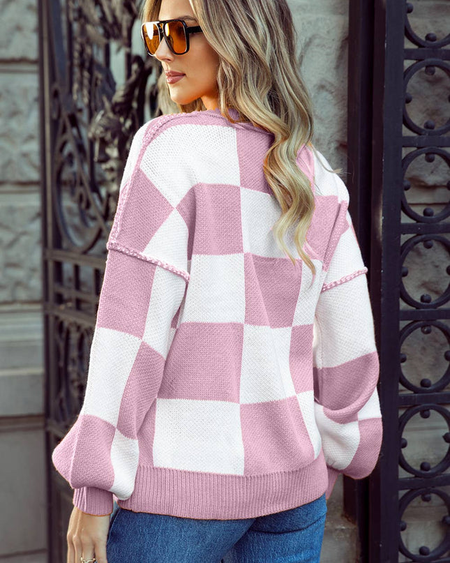 Checkered Oversized Crew Neck Knit Sweater | 10 Colors