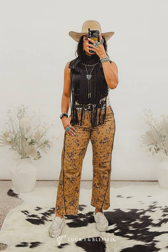 Black Stretch Suede Studded Fringe Yoke Top