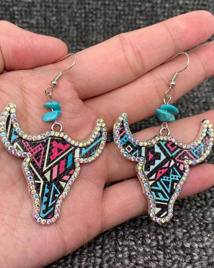 Western Style PU Leather Rhinestone Ox Head Earrings - WJ
