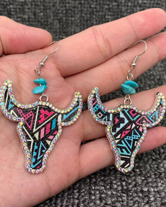 Western Style PU Leather Rhinestone Ox Head Earrings - WJ