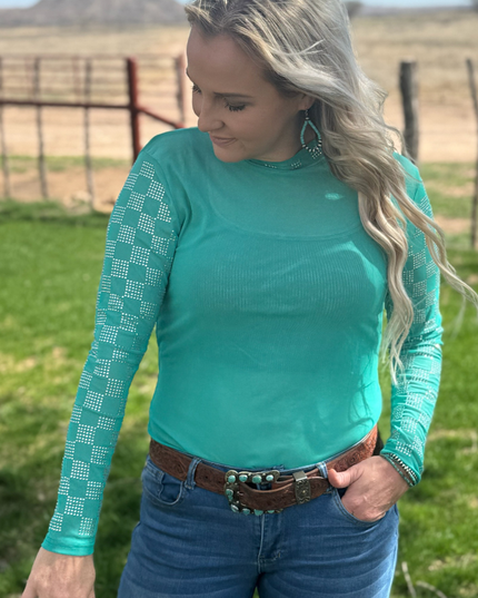 Checked In Turquoise Mesh Top