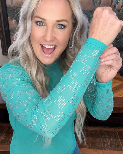 Checked In Turquoise Mesh Top