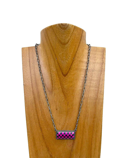 NKZ240537-01                  18 Inches silver metal chain with checker print bar Necklace