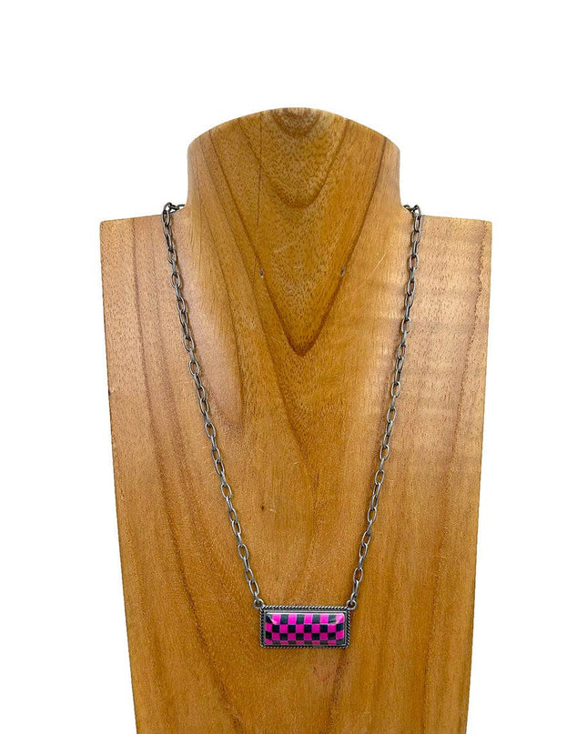 NKZ240537-01                  18 Inches silver metal chain with checker print bar Necklace