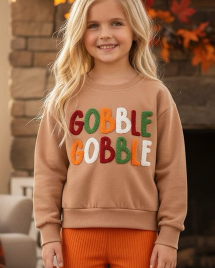 Gobble Gobble" Girls applique sweatshirt.