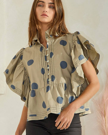 IT2337 Ruffle Sleeves Pintuck Detail Polka Dot Print top