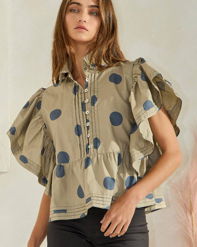 IT2337 Ruffle Sleeves Pintuck Detail Polka Dot Print top