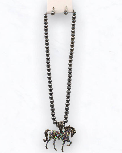 Western Horse Pendant Necklace Set with Beads