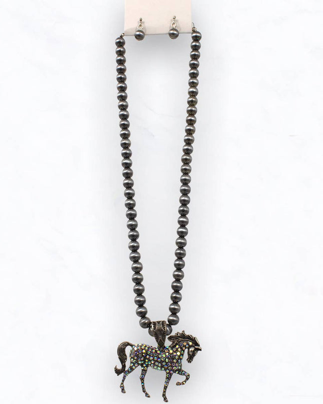 Western Horse Pendant Necklace Set with Beads