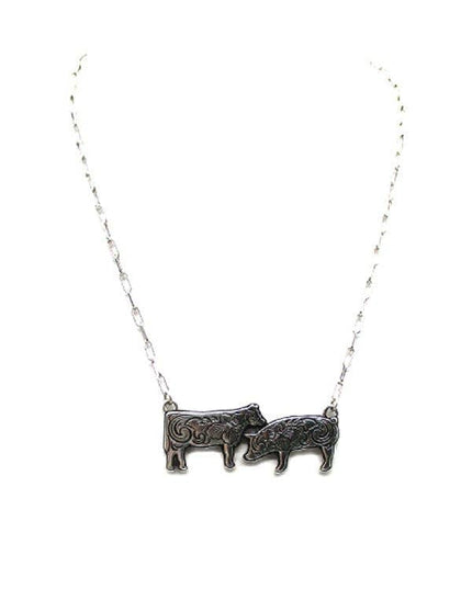 Western Etched Cow & Pig Necklace