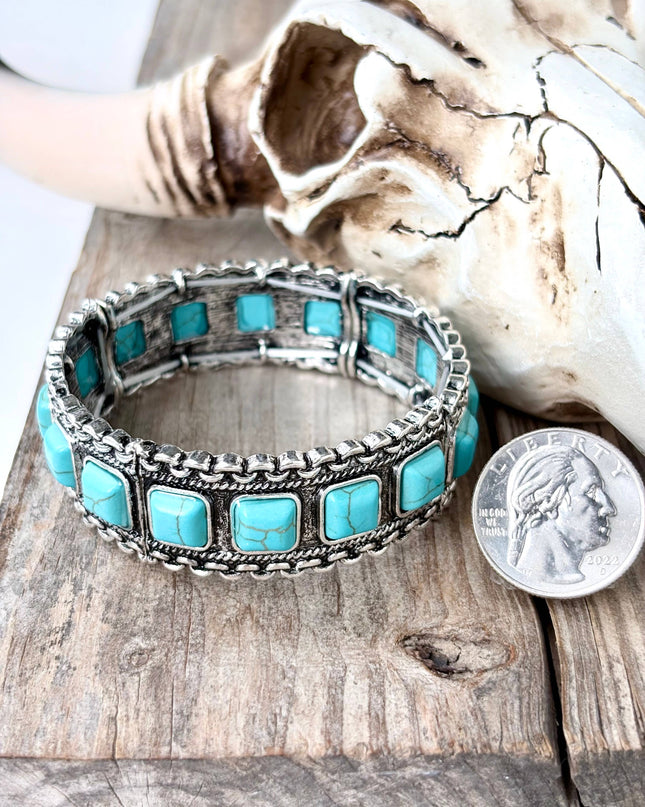 Turquoise Square Stone Studded Western Stretch Bracelet - Pink