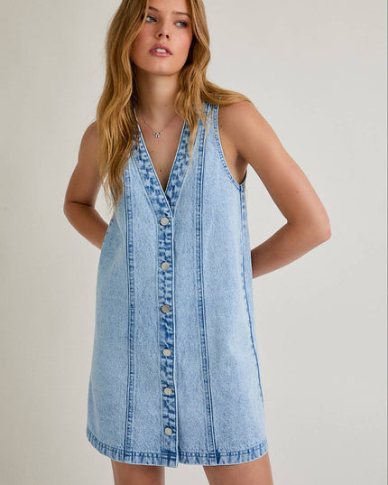 SLEEVELESS V-NECK BUTTON DOWN DENIM MINI DRESS