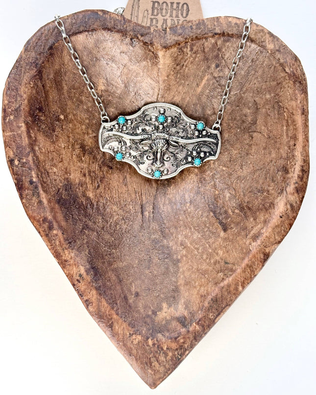 Western Style Longhorn Turquoise Stone Pendant Necklace