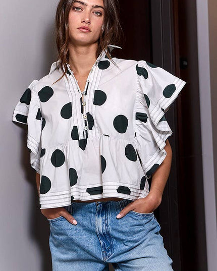 IT2337 Ruffle Sleeves Pintuck Detail Polka Dot Print top