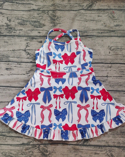 Baby Girls Strap Blue Red Bows 4th Of July Yoga Active Knee Length Dresses