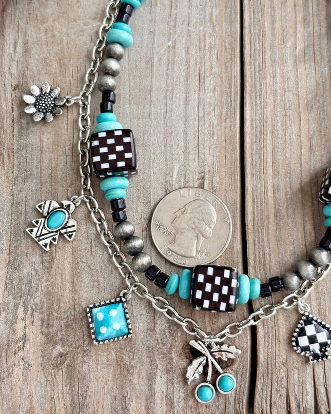 2 Layered Western Charm & Navajo Pearl Bead Choker Necklace
