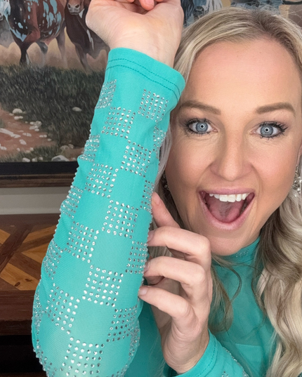 Checked In Turquoise Mesh Top