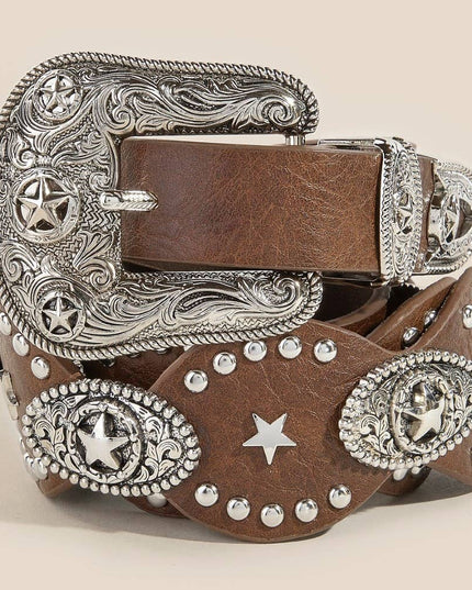 Western Star Embroidered Buckle Detail Faux Leather Belt