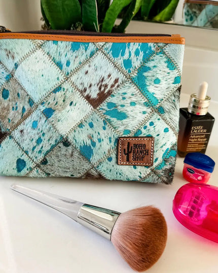 Checkered Western Cowhide Makeup Bag Travel